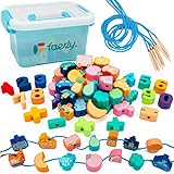Faerly® Fädelspiel 60 Teile + Box - Montessori Spielzeug ab 2 3 4 5 6 Jahre für Kinder Pädagogisches Lernspielzeug Holzperlen Raupe Fädeln Motorikspielzeug Holzspielzeug Regenbogen Lernspiel Wurm