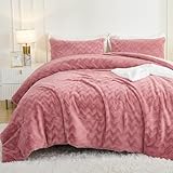 MOVE OVER Kunstfell Schmusetuch Set Flauschiges Kunstfell Kaninchenfell Bettwäsche Set King Size 3-teilig Plüsch Kunstfell Wellenstreifen Design Rosa Fuzzy Plüsch Kunstfell Bettwäsche Set für Winter