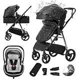 Gcarebb PU Leder 3 in 1 Kinderwagen, Buggy Mit Auto Babyschale, Mit Einem Klick Zusammenklappbarer Tragbarer Kinderwagen Komplettset, KombiKinderwagen Mit Aluminiumrahmen für Neugeborene 0-4 Jahre