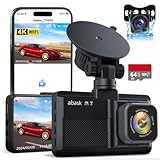 abask Dashcam Auto Vorne Hinten, Echtes 4K WiFi Autokamera 320 Grad mit 64GB Karte, Eingebaute Anzeige 3'', Dashcam mit Rückwärtsgang-Hilfe,Parküberwachung, Nachtsicht, G-Sensor,Schleifenaufzeichnung