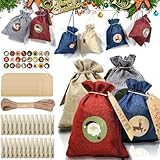 Adventskalender zum Befüllen [24 Stück] Weihnachtskalender 2023 Jutesäckchen 18 x 13cm Groß, Weihnachtsdeko Tüten/Säckchen mit 24 Aufkleber, Geschenktüten Weihnachten mit Zahlen Holzanhänger