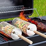 Ivtivfu Nestendes Rollendes Grillkorb Set mit Holzgriff (2 Stück, 24cm × 10cm), Rolling Grilling Basket, Grillnetzrohr für Den Außengrill für Gemüse, Grillkorb Edelstahl Zylindrisch, Grillnetz