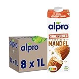Alpro Mandeldrink Ohne Zucker – Quelle von Calcium und Vitaminen – Zuckerfrei, glutenfrei, fettarm, ohne Laktose, vegan und milchfrei – 8 x 1 L – Haltbar