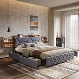 Doppelbett Polsterbett 140x200 cm, Jugendbett Stauraumbett bett mit led und 4 Schubladen, Bettgestell mit Lattenrost, Funktionsbett, Kopfteil mit USB und LED, Leinen, Grau (Grau-Stahlholz, 140×200)