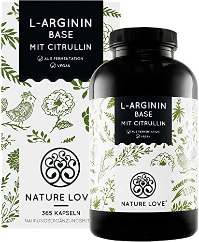NATURE LOVE® L-Arginin Base mit Citrullin - Hochwertiges pflanzliches Arginin in BASE Form mit 99,7+% Reinheit - 365 Kapseln - Hochdosiert, vegan, in Deutschland produziert