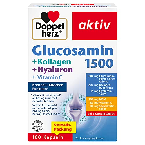 Doppelherz Glucosamin 1500 + Kollagen + Hyaluron – Mit Vitamin C als Beitrag zur normalen Kollagenbildung für eine Knorpelfunktion – 100 Kapseln