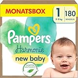 Pampers Harmonie Baby Windeln Größe 1, 180 Windeln, 2kg-5kg, sanfter Hautschutz und 100 Prozent Pampers Saugfähigkeit