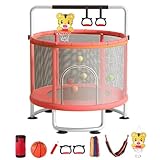Kids Trampolin mit Basketball-Hoop und Gehege NET-Verstellbare Gymnastikstange, Schwung, Sandsack für 3 bis 8 Jahre (Innen-/Außenanlage, 440 Pfund Kapazität) Rosa