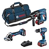 Bosch Professional 18V System Combo Kit: GSB 18V-45 + GBH 18V-21 + GWS 18V-7 (inkl. 3x GBA 18V 4.0Ah Akku, Schnellladegerät GAL 18V-40, Werkzeugtasche) - Amazon Exclusive Set Set