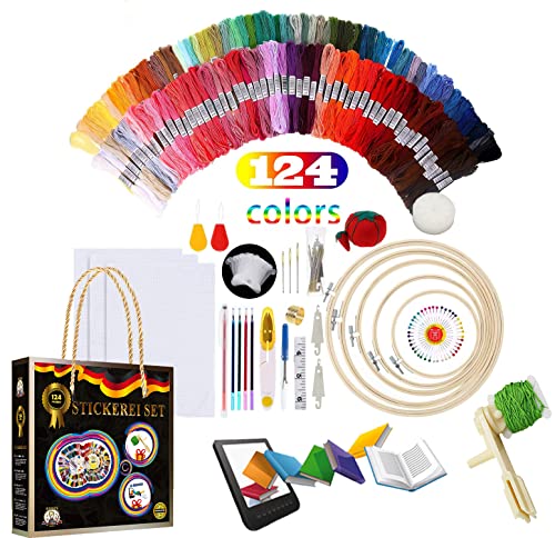 NUHIPE Stickerei-Set - Kreuzstich-Starterset mit Stickgarn in 124 Farben, Leinenstoff, 5 Stickrahmen aus Bambus-Holz & weiterem Zubehör - Tolles Geschenk für Erwachsene - Ideal für Anfänger