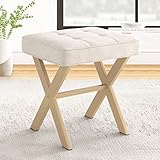 LUE BONA Fußhocker,Make-up Hocker mit X-Bein,Polsterhocker,Schminkhocker,Ottoman Sitz Fußstütze Hocker,Leinen Sitzhocker für Wohnzimmer,Schlafzimmer,43 x 33 x 46 cm,Leinen-Sand