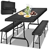 tillvex® Bierzeltgarnitur klappbar 3-teilig Set | Kunststoff Gartengarnitur wetterfest 180 cm | Gartenmöbel Set Indoor & Outdoor mit Gartentisch und Bänken | Festzeltgarnitur Rattan (Schwarz)