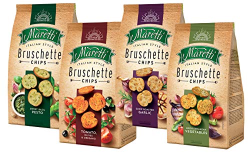 Maretti Italien Style Brotchips Bruschette Chips, Garlic, Mediterranean, Sweet Basil, Tomato, Olives & Oregano), 4x150 g