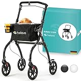 Helavo Rollator schmal für Wohnung - Rollatoren Leichtgewicht und faltbar spezial, 53 cm breiter Aluminium Walker mit stromlinienförmiger & ruhiger Bereifung, Tablett, Transportkorb und Bremssystem