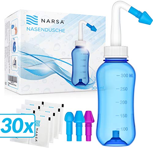 Nasendusche Set NARSA® · 30x Nasenspülsalz · 3 Aufsätze für Erwachsene und Kinder · Nasenspülkanne zur Nasenreinigung und Nasenspülung bei Erkältung und Allergie