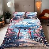 Bettwäsche 155x220 Kirschblüten am japanischen Berg Fuji Muster 3D Drucke geeignet für Teenager Kinder Bettwäsche-Set Mikrofaser Bettbezug Mit Reißverschluss Und 2 Kissenbezug(155x220+2*80x80,#3）