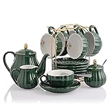 Sweejar Home 22 Stück Europäischen Stil Teeservice, Teetasse und Untertasse Set, Keramik Kaffeeset, Teeset Royal Family aus Porzellan, für 6 Personen, 225 ml-Tassen Jadegrün