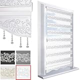 Brillant Doppelrollo Klemmfix ohne Bohren Weiß Silber 200 x 50 cm (Länge x Breite) Duorollo Blickdicht mit Perlen, glitzert, Raffrollo Fenster Tür Zebra Perde Klemmrollo Seitenzugrollo