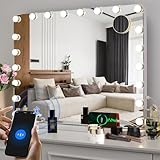 MAMIZO Hollywood Kosmetikspiegel mit Licht, 20 dimmbare LEDs, 3 Farben, Make-up-Spiegel, 78,7 cm, großer Kosmetikspiegel mit Bluetooth, 10-fache Vergrößerung, Touch-Steuerung, Tisch- oder Wandmontage