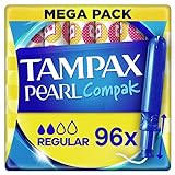 Tampax Compak Pearl – 96 Tampons mit Applikator, regulär, leichter bis mittlerer Fluss – dreifacher Komfort, weicher Stoff, öko-Tex zertifiziert, dermatologisch getestet