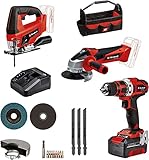 Einhell Akku-Bohrschrauber TE-CD 18/40 Li + Akku-Winkelschleifer TC-AG 18/115 Li + Akku-Stichsäge TC-JS 18 Li Power X-Change (18 V, inkl. 1x 4,0 Ah Akku, Ladegerät, Zubehör, Tasche)