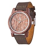 MUJUZE Herren Analoge Japanisch Quarzwerk 40mm Sandelholz Ziffernblatt Holzuhren mit Schwarz Leder Armband (Walnut)