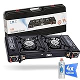 ZMC Camping Gaskocher 2-flammig mit 4X Gaskartuschen 227g, 2,5 KW inkl. Adapter für LPG Anschluss + Aufbewahrungskoffer Campingkocher Set mit Piezozündung, für Outdoor und Innenraum
