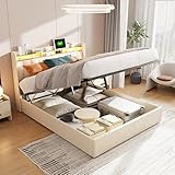 BRILVERDE Polsterbett 160x200 cm,Doppelbett mit USB-Ladefunktion,LED Kopfteil und Stauraum,Stauraumbett mit Lattenrost,Samt,Beige (160x200 cm)