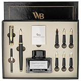 Wordsworth & Black Kalligraphie-Stift-Geschenkset, enthält Tintenflasche, 6 Tintenpatronen, Tintennachfüllkonverter, 6 Ersatzfedern, Premium-Paket, Journaling, glatte Schreibstifte [Schwarz Gold]