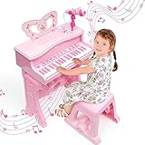 Kinder Klavier Piano-Elektronisches Musikinstrument mit 37 Tasten für Mädchen,Geschenk,Pädagogisches Musikspielzeug mit Abnehmbaren Beinen,Mikrofon,Mehreren Musikmodi,Licht,Hocker(ROSA)