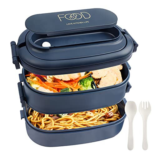 OITUGG 2-Schicht Brotdose: 1550ml Lunchbox mit 3-Fächern und mit Besteck - Kunststoff BPA-frei Lunch Box für Erwachsene und Männer - Auslaufsicher Fächern Bento Box Mikrowellengeeignet Heizung (Blau)