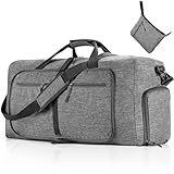 Vomgomfom Leichte Faltbare Reisetasche Groß 65L Sporttasche Damen Herren mit Schuhfach, Travel Duffle Bag Sport Tasche für Reisen Gym Urlaub Übernachtung (Grau)