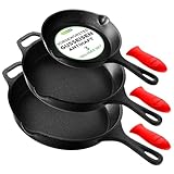NutriChef Pfannenset- 3 teilig, Gusseisenpfanne Induktion, Bratpfanne- 30cm,25.5cm,20cm, Pan, Gußpfanne, Antihaft mit Seitliche Topfränder, Abnehmbare Silikongriffe, Ideal Für Alle Herdarten, Ofenfest