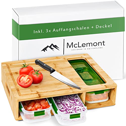 McLemont Premium Schneidebrett aus Holz mit Auffangschale 3x [WASSERDICHT]- Rutschfestes Frankfurter Brett mit Saftrille - Bambus Schneidebrett Set mit Auffangwanne - Schneidbrett