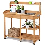 Yaheetech Pflanztisch mit Waschbecken, Holzpflanztisch Gärtnertisch Blumentisch Wetterfest mit Schubladen & Verstellbaren Ablagefläche & Haken für Terrasse Garten, Holzfarbe
