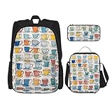 OXKGHHO Handgezeichnete Teekannen und Tassen, Arbeitsrucksack-Set mit isolierter Lunchbox, verstellbaren Trägern, für Fitnessstudio und den täglichen Gebrauch, Schwarz, Einheitsgröße