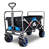 TMZ Faltbarer Bollerwagen All-Terrain Autoreifen Klappwagen, Patentierte Falttechnik Gartenwagen, Breite 360 ° Drehräder Handwagen, 90 L, bis 120 kg (Schwarz/Blau)