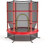 KOMFOTTEU Trampolin für Kinder, Kindertrampolin mit Sicherheitsnetz, Gartentrampolin bis 135 kg belastbar für Kinder ab 3 Jahren, Indoor- & Outdoortrampolin, ‎φ165 cm x 165 cm (Rot)