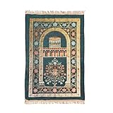 Halbur Gebetsteppich, Islam Gebetsteppich, Islam Muslim Seccade Ramadan Geschenke Für Frauen Männer, Architektur Kaaba Stickerei mit Fransen, Muster mit gewölbter Tür und Blumen, Blau