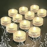 HL Flammenlose LED Kerzen Teelichter, Mini Unterwasser Licht, 100 Stunden LED Teichbeleuchtung Dekolichter für Teich, Pool, Aquarium, Vase, Badewanne, Spa, Party, Festival（12 Stück, Warmes Weiß）