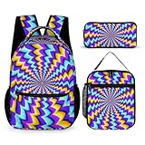 Mateju Schulrucksack, Vortex-Illusion Rucksack für Mädchen Jungen, Leichtgewicht Schulrucksack Teenager, 3 Stück Rucksack Kinder mit Lunchpaket und Mäppchen, Schulranzen (Blau,one Size)