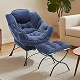 bequemer sessel mit hocker, ohrensessel mit Ottomane, relaxsessel modern Armlehnen und Seitentasche, cord sessel, lesesessel ergonomische Fußstütze für Wohnzimmer, Büro, kleine Räume (Marineblau)