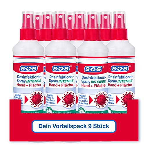 SOS Desinfektionsspray INTENSE für Hände + Flächen | beseitigen 99,99% der Bakterien, Pilze, Viren* (zB Herpes- Grippe- und Noroviren) | erweitertes Wirkspektrum**| 9 x 250ml