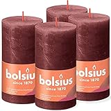 Bolsius Rustik Stumpenkerzen - Bordeauxrot - Set 4 Stück - Länge Brenndauer 60 Stunden - Unparfümierte - Natürliches Pflanzenwachts - Ohne Palmöl - 13 x 7 cm