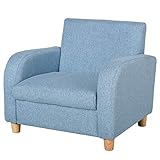 HOMCOM Kindersessel Kindersofa mit dickem Schaumstoff und dicken Sitzkissen Kindercouch Stuhl Liegesofa mit Anti-Rutsch-Füßen für 3-5 Jahre Kinder Holz Leinen Schaumstoff Blau 49x45x44,5 cm