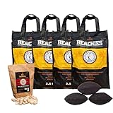 BlackSellig Beachies 10 kg (4 x 2,5 kg) Kokos Grill Briketts – Reine Kokosnussschalen – Profiqualität – wenig Rauch, heiß & schnell | Für Kurze BBQs+800g Anzündwolle