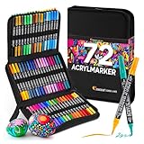 Zenacolor 72 Acrylstifte für Steine Wasserfest - mit Doppelspitze (feine Spitze und Pinsel) zum Zeichnen verschiedene Oberflächen - Acrylic Paint Marker mit einer Tasche