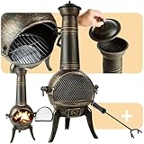 tectake® Vintage Outdoor Terrassenofen, Gartenofen aus Gusseisen, Raketenofen, Aztekenofen mit Funkenschutz, Grill Rost und Schürhaken, Gartendeko Kamin, Deko für Terrassen oder Balkon, Kaminofen