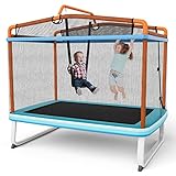 COSTWAY 3 in 1 Kindertrampolin, Gartentrampolin rechteckig mit Schaukel, Reckstange, Fitness Trampolin mit Sicherheitsnetz & Randabdeckung, Indoor-/Outdoortrampolin 190 x 124 x 222 cm (Blau + Orange)