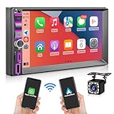 Upgrade Wireless Double Din Autoradio with Carplay, Wireless Android Auto, Bluetooth, Mirror Link, High Power, AM/FM, 7' HD Capacitive Touchscreen Car Radio, Waterproof Backup Camera, Audio Receiver